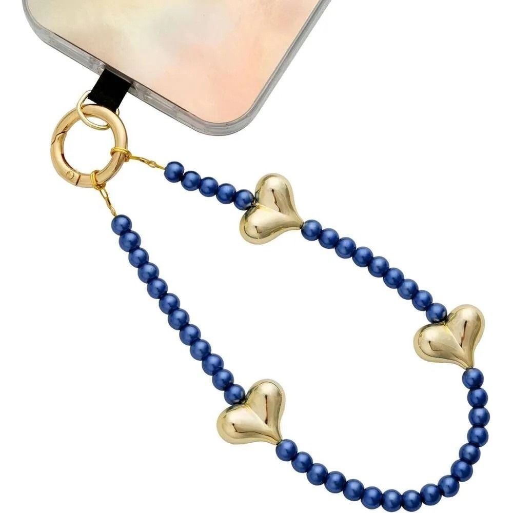 Danni Yan Blue Pearl Phone Charm Wristlet Gold Hearts Aesthetic iPhone Chain NIP